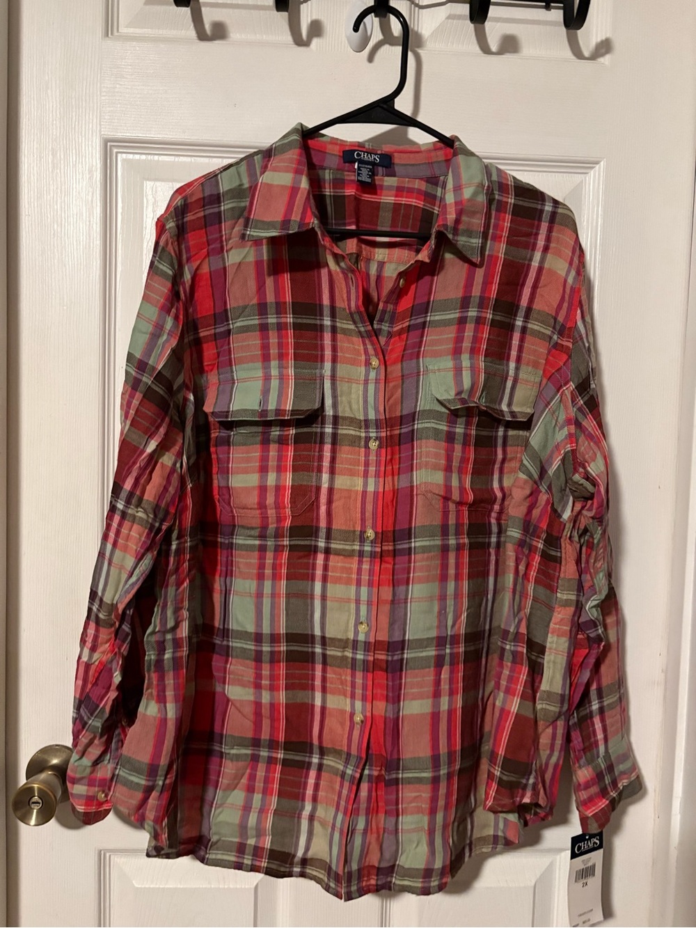 Chaps Red and Sage Green Plaid Button-Down Shirt